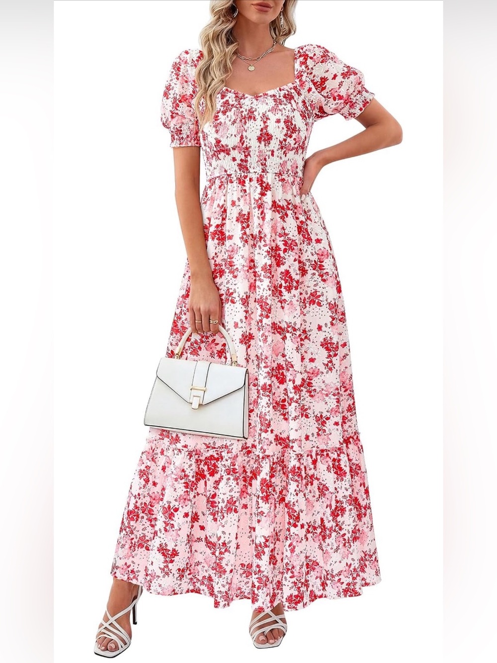 Red Floral Maxi Dress with Puff Sleeves